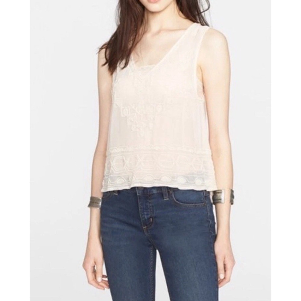 Free‎ People Womens Light Pink Beaded Sheer Sleeveless V-Neck Blouse Top Size L